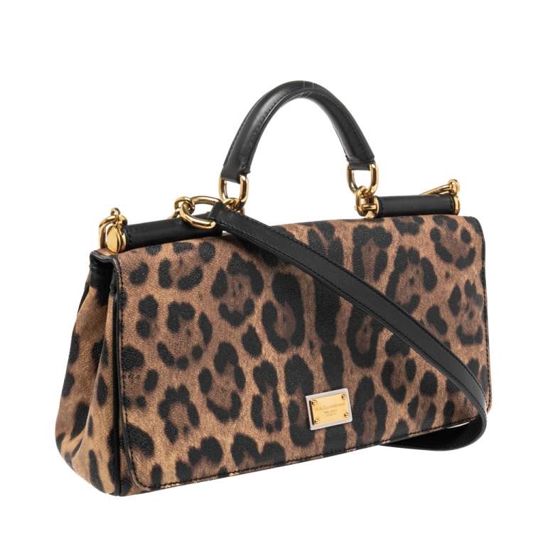 Pre Owned Dolce & Gabbana Black/Brown Animal Print Coated Canvas and Leather Miss Sicily Top Handle Bag