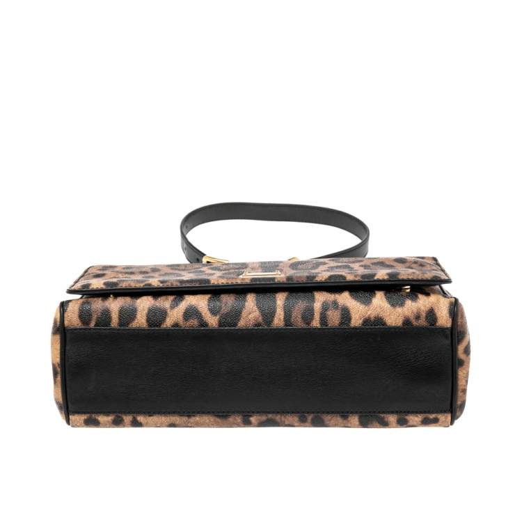 Pre Owned Dolce & Gabbana Black/Brown Animal Print Coated Canvas and Leather Miss Sicily Top Handle Bag