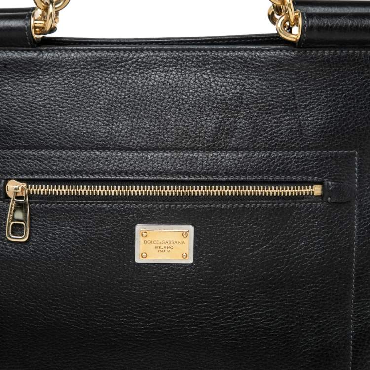 Pre Owned Dolce & Gabbana Black Grained Leather Front Pocket Sicily Tote