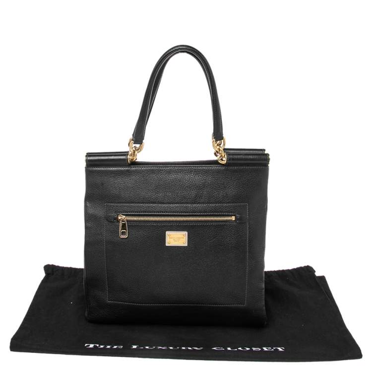 Pre Owned Dolce & Gabbana Black Grained Leather Front Pocket Sicily Tote