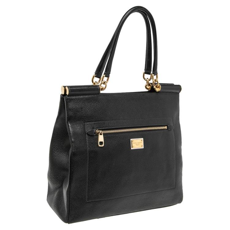 Pre Owned Dolce & Gabbana Black Grained Leather Front Pocket Sicily Tote
