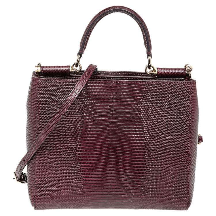 Pre Owned Dolce & Gabbana Burgundy Lizard Embossed Leather Miss Sicily Top Handle Bag