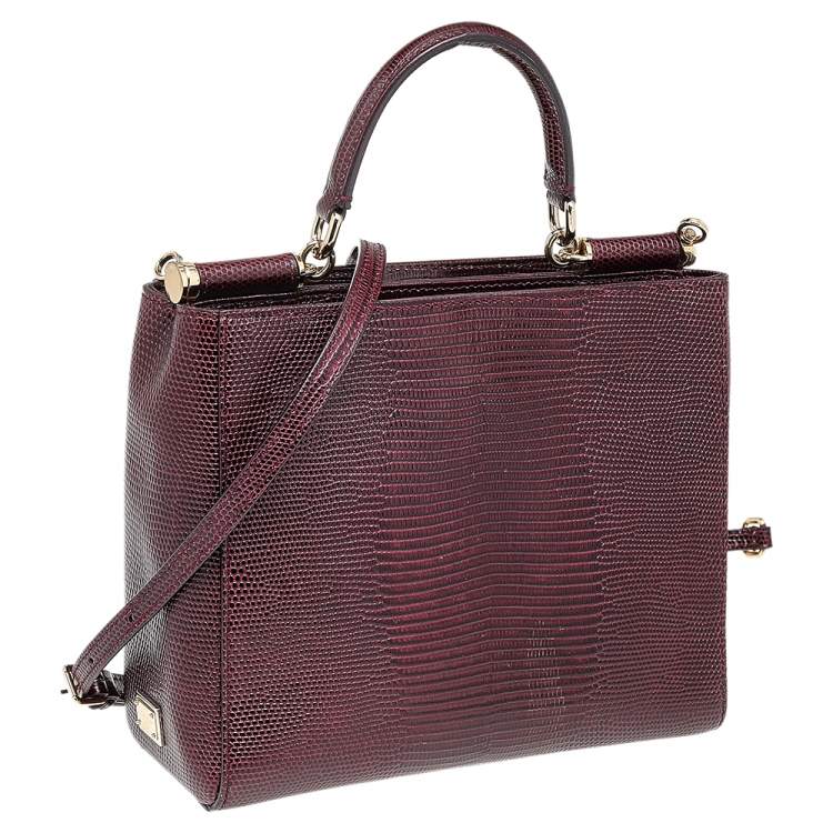 Pre Owned Dolce & Gabbana Burgundy Lizard Embossed Leather Miss Sicily Top Handle Bag