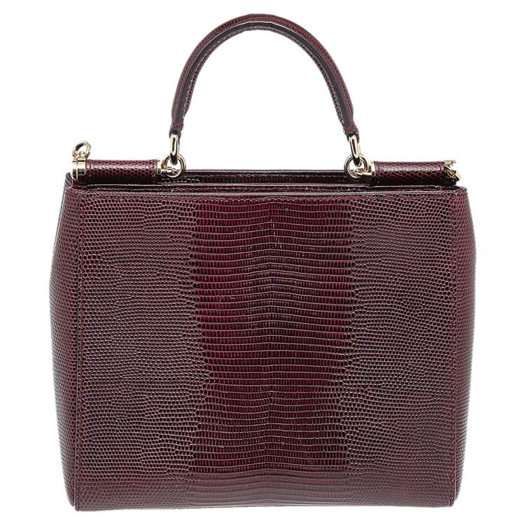 Pre Owned Dolce & Gabbana Burgundy Lizard Embossed Leather Miss Sicily Top Handle Bag