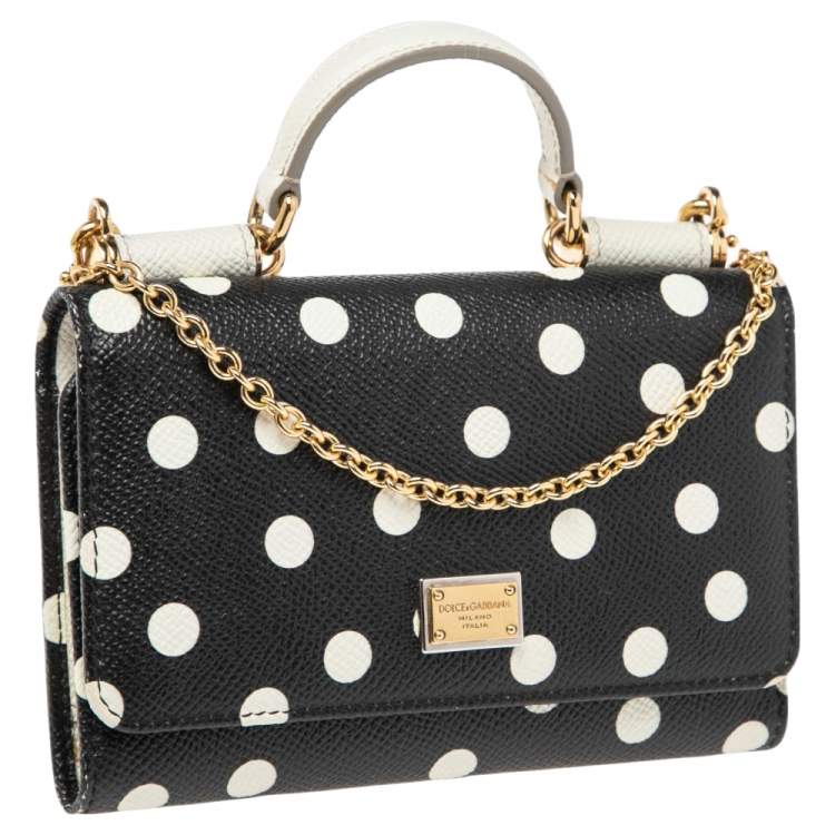 Pre Owned Dolce & Gabbana White/Black Polka dot Leather Miss Sicily Von Wallet on Chain