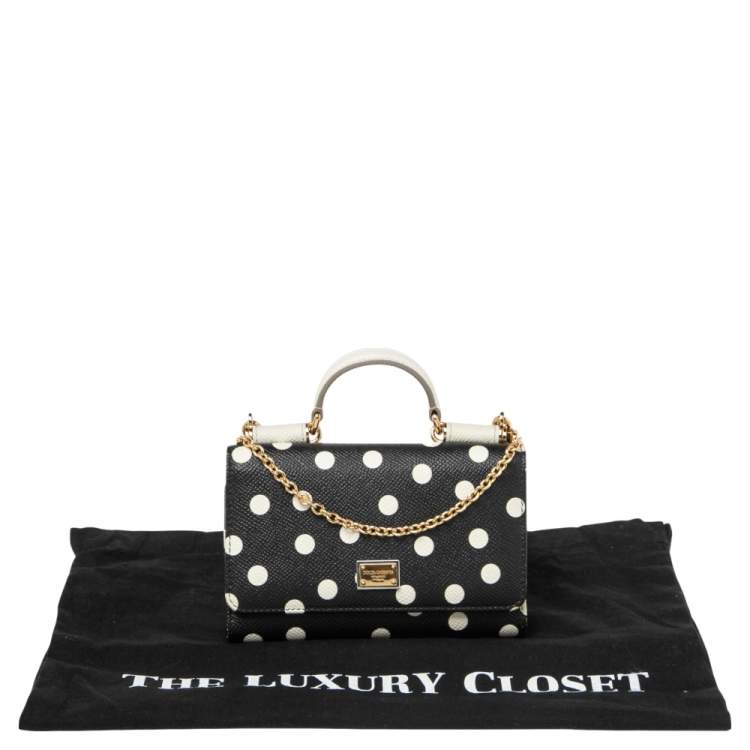 Pre Owned Dolce & Gabbana White/Black Polka dot Leather Miss Sicily Von Wallet on Chain