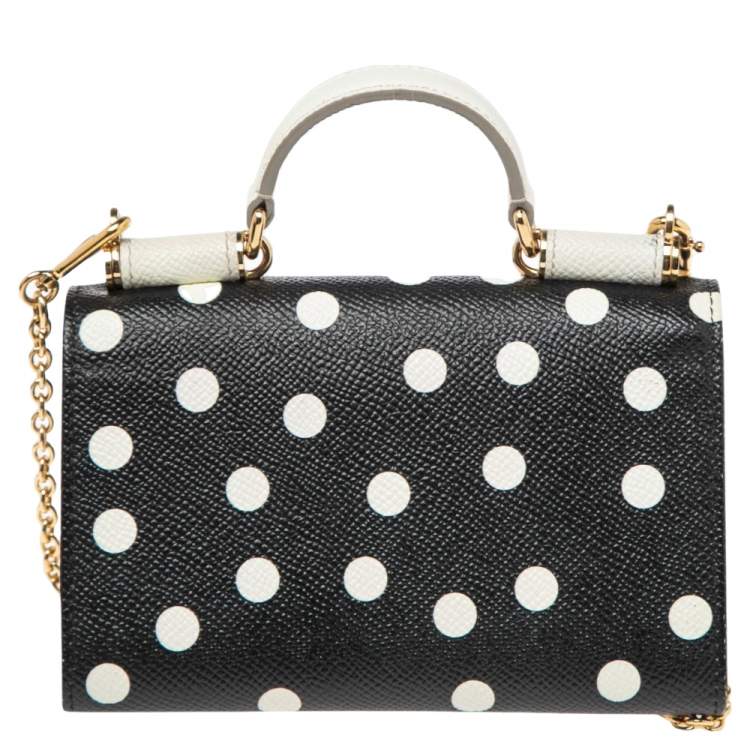 Pre Owned Dolce & Gabbana White/Black Polka dot Leather Miss Sicily Von Wallet on Chain