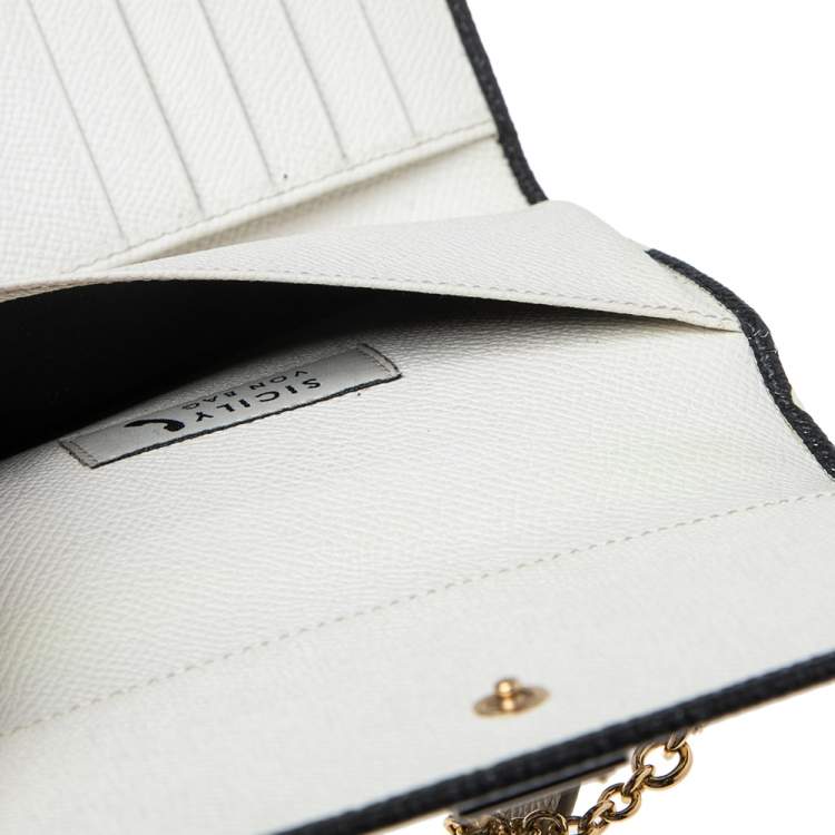 Pre Owned Dolce & Gabbana White/Black Polka dot Leather Miss Sicily Von Wallet on Chain