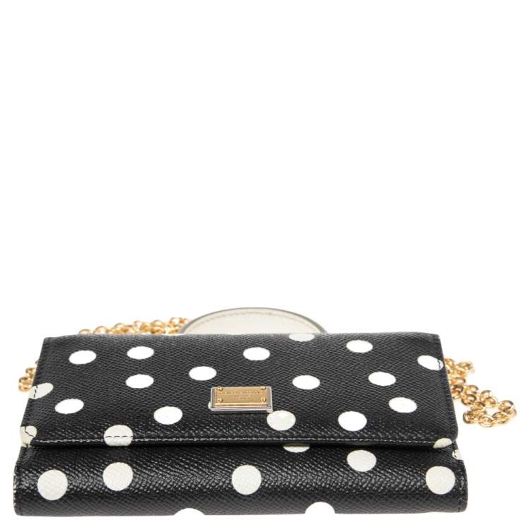 Pre Owned Dolce & Gabbana White/Black Polka dot Leather Miss Sicily Von Wallet on Chain