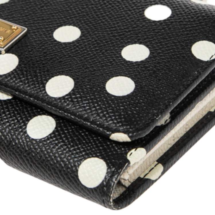 Pre Owned Dolce & Gabbana White/Black Polka dot Leather Miss Sicily Von Wallet on Chain