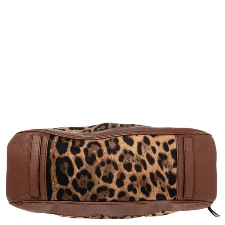 Pre Owned Dolce & Gabbana Brown Leopard Print Canvas and Leather Animalier Zip Satchel