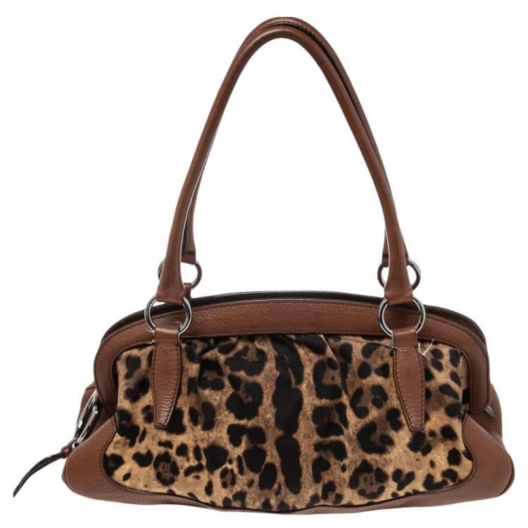 Pre Owned Dolce & Gabbana Brown Leopard Print Canvas and Leather Animalier Zip Satchel