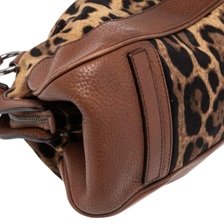 Pre Owned Dolce & Gabbana Brown Leopard Print Canvas and Leather Animalier Zip Satchel