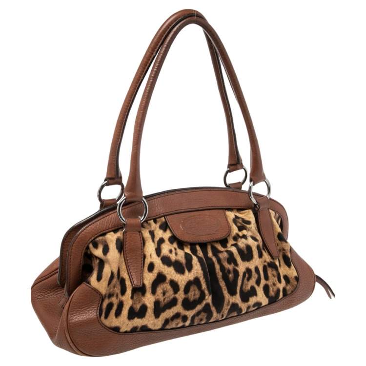 Pre Owned Dolce & Gabbana Brown Leopard Print Canvas and Leather Animalier Zip Satchel