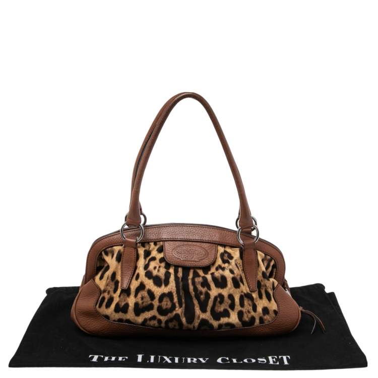 Pre Owned Dolce & Gabbana Brown Leopard Print Canvas and Leather Animalier Zip Satchel