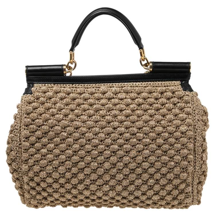 Pre Owned Dolce & Gabbana Metallic Gold Crochet and Leather Large Miss Sicily Top Handle Bag