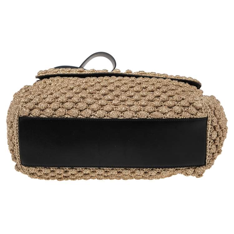 Pre Owned Dolce & Gabbana Metallic Gold Crochet and Leather Large Miss Sicily Top Handle Bag