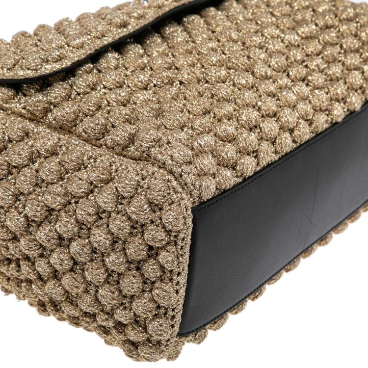 Pre Owned Dolce & Gabbana Metallic Gold Crochet and Leather Large Miss Sicily Top Handle Bag