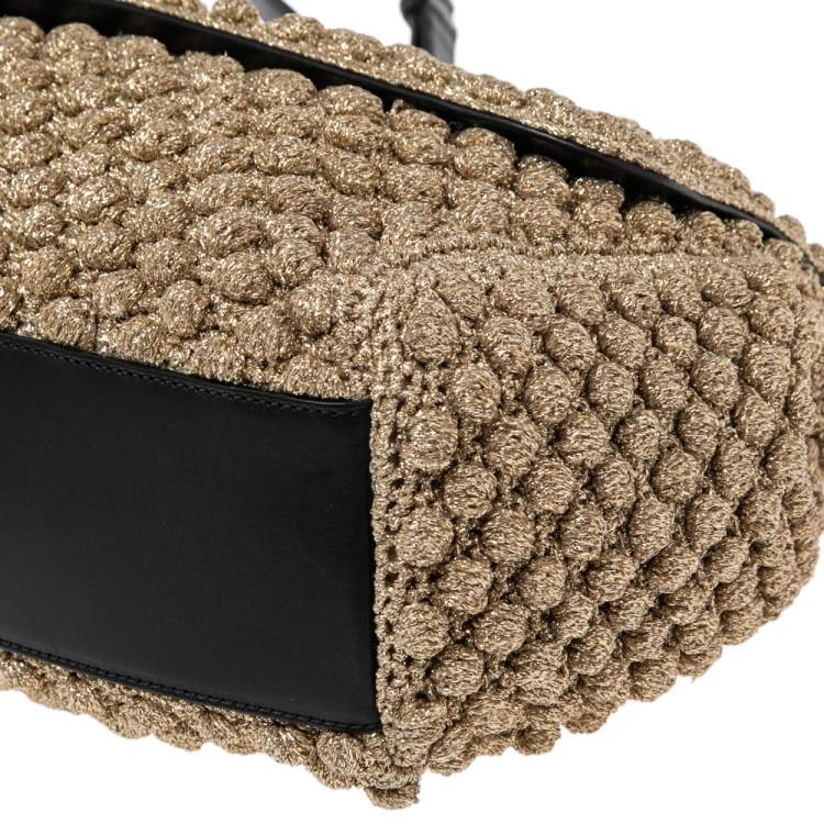Pre Owned Dolce & Gabbana Metallic Gold Crochet and Leather Large Miss Sicily Top Handle Bag