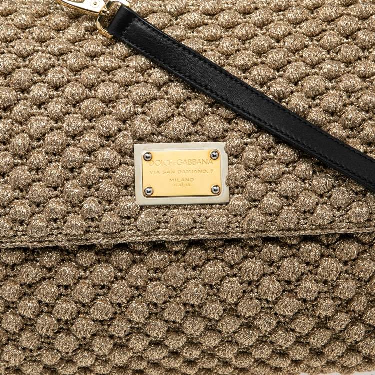 Pre Owned Dolce & Gabbana Metallic Gold Crochet and Leather Large Miss Sicily Top Handle Bag