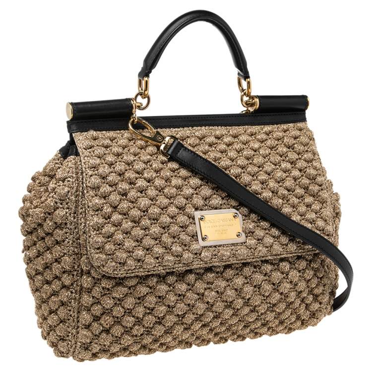 Pre Owned Dolce & Gabbana Metallic Gold Crochet and Leather Large Miss Sicily Top Handle Bag