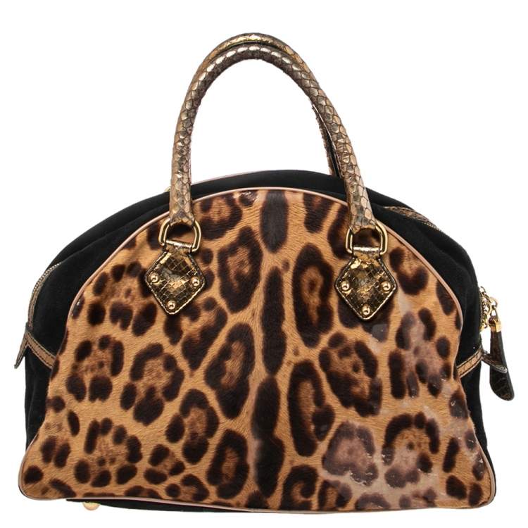 Pre Owned Dolce & Gabbana Brown Animal Print Calf Hair, Suede And Python Embossed Leather Miss Biz Satchel