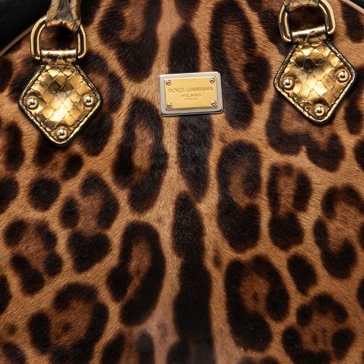 Pre Owned Dolce & Gabbana Brown Animal Print Calf Hair, Suede And Python Embossed Leather Miss Biz Satchel