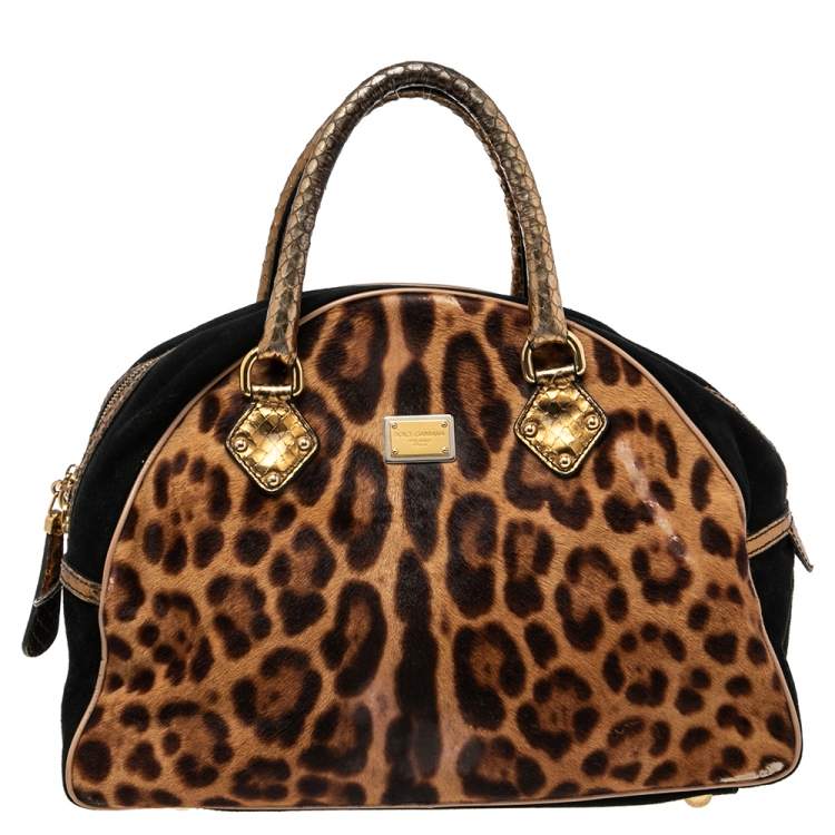 Pre Owned Dolce & Gabbana Brown Animal Print Calf Hair, Suede And Python Embossed Leather Miss Biz Satchel