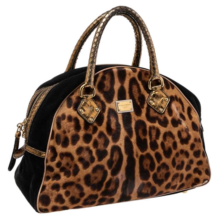 Pre Owned Dolce & Gabbana Brown Animal Print Calf Hair, Suede And Python Embossed Leather Miss Biz Satchel
