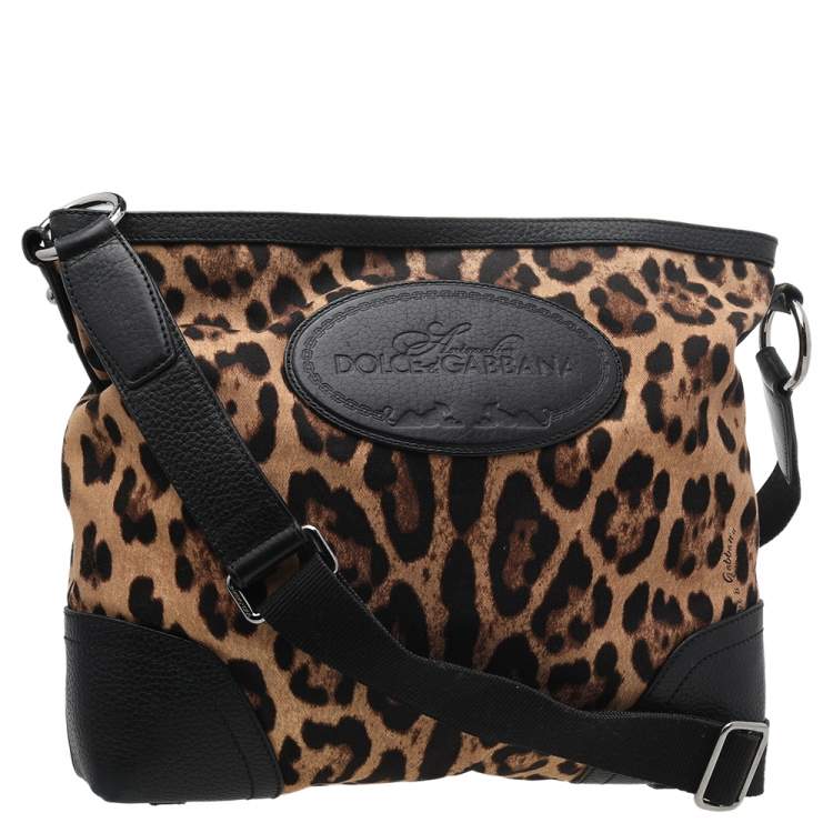 Pre Owned Dolce & Gabbana Black/Brown Leopard Print Canvas And Leather Messenger Bag