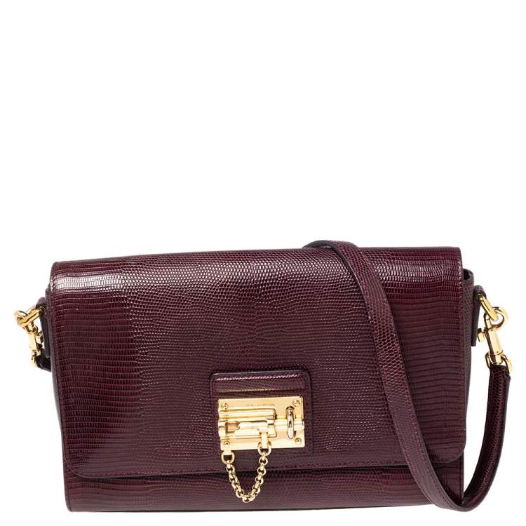 Pre Owned Dolce & Gabbana Burgundy Lizard Embossed Leather Medium Miss Monica Shoulder Bag