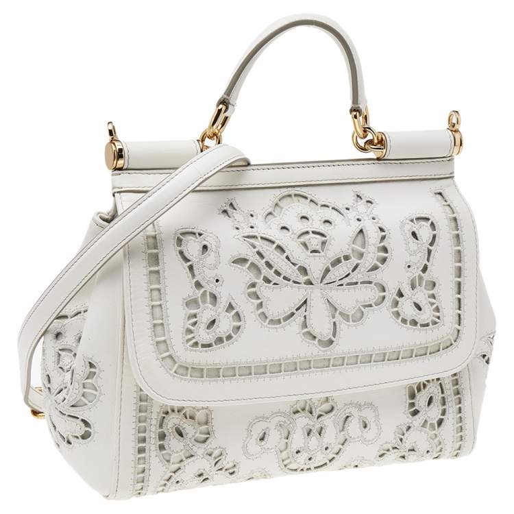 Pre Owned Dolce & Gabbana White Floral Leather Miss Sicily Top Handle Bag