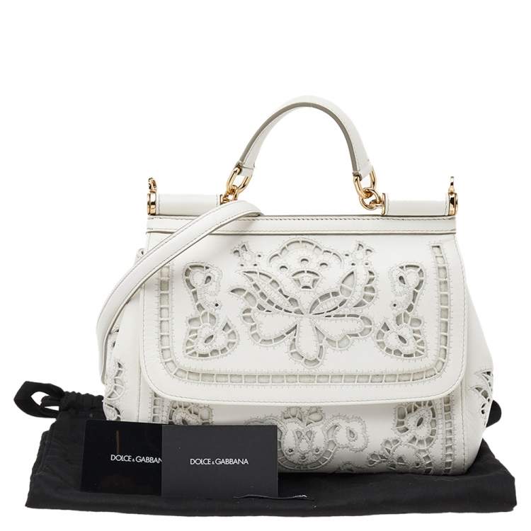 Pre Owned Dolce & Gabbana White Floral Leather Miss Sicily Top Handle Bag