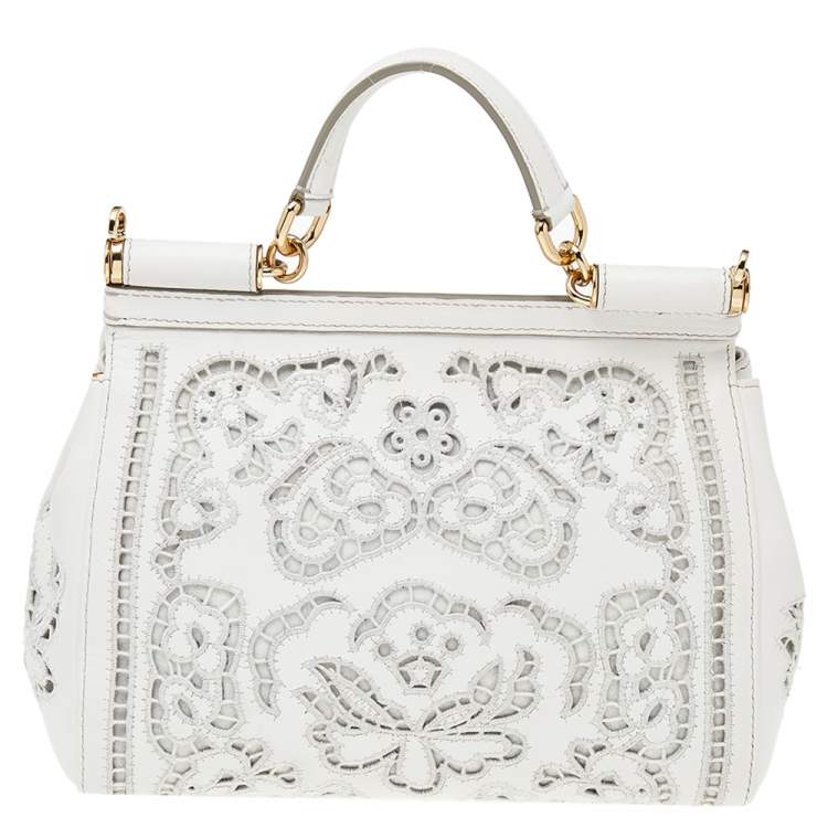 Pre Owned Dolce & Gabbana White Floral Leather Miss Sicily Top Handle Bag