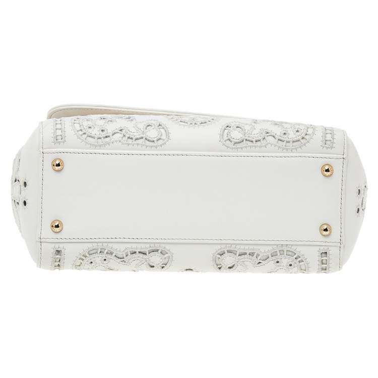 Pre Owned Dolce & Gabbana White Floral Leather Miss Sicily Top Handle Bag