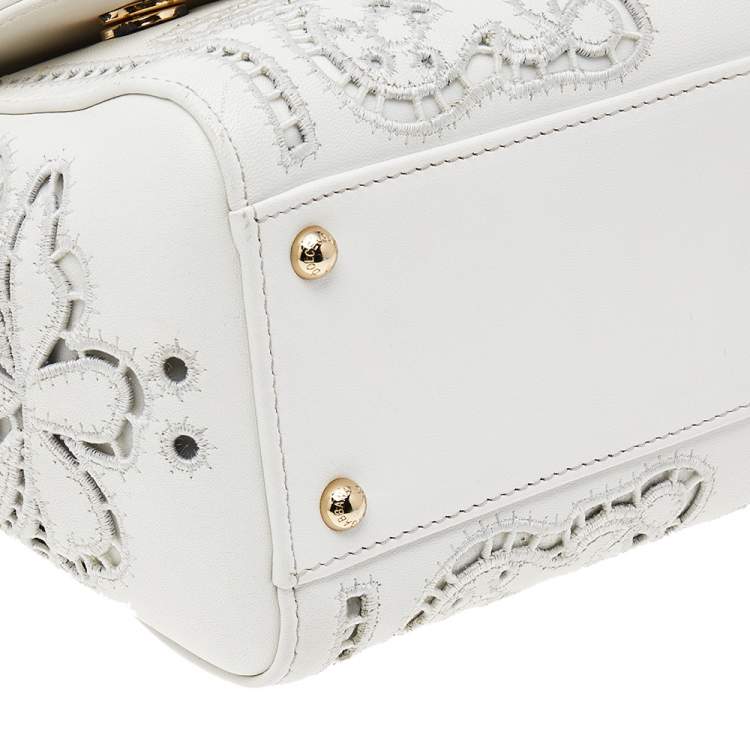 Pre Owned Dolce & Gabbana White Floral Leather Miss Sicily Top Handle Bag