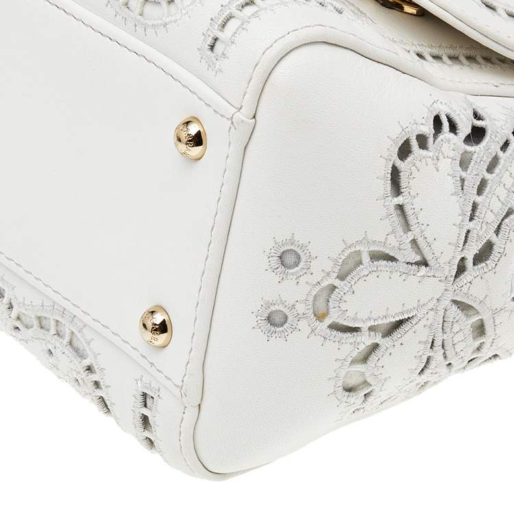 Pre Owned Dolce & Gabbana White Floral Leather Miss Sicily Top Handle Bag