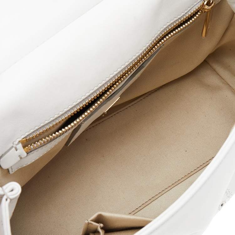 Pre Owned Dolce & Gabbana White Floral Leather Miss Sicily Top Handle Bag