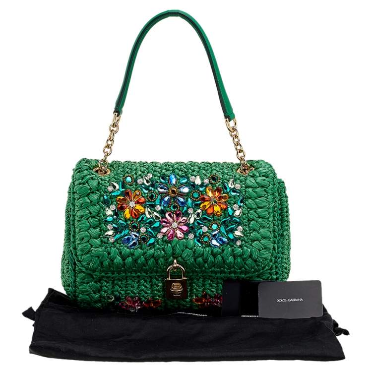 مملوكة مسبقًا Dolce & Gabbana Green Straw Crystal Embellished Miss Bonita Shoulder Bag