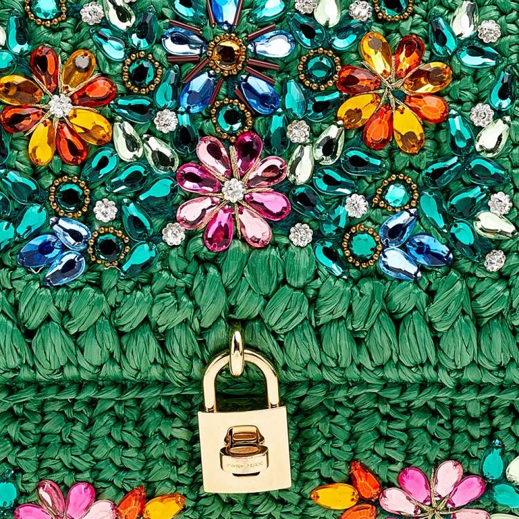مملوكة مسبقًا Dolce & Gabbana Green Straw Crystal Embellished Miss Bonita Shoulder Bag
