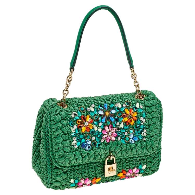 مملوكة مسبقًا Dolce & Gabbana Green Straw Crystal Embellished Miss Bonita Shoulder Bag