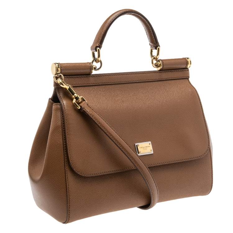 Pre Owned Dolce & Gabbana Tan Leather Medium Miss Sicily Top Handle Bag