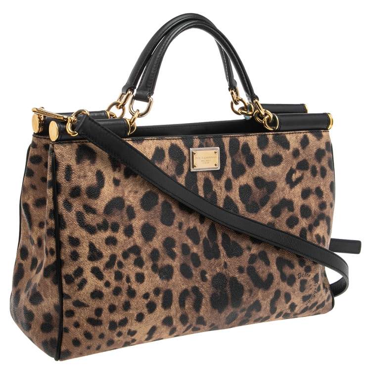 Pre Owned Dolce & Gabbana Black/Brown Animal Print Coated Canvas and Leather Miss Sicily Tote