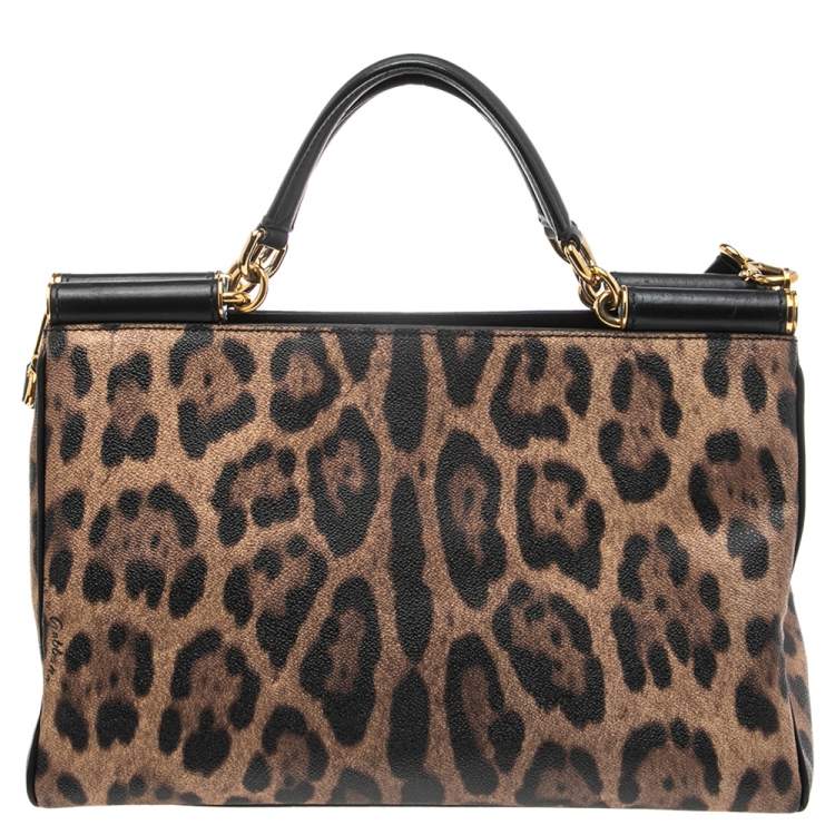 Pre Owned Dolce & Gabbana Black/Brown Animal Print Coated Canvas and Leather Miss Sicily Tote