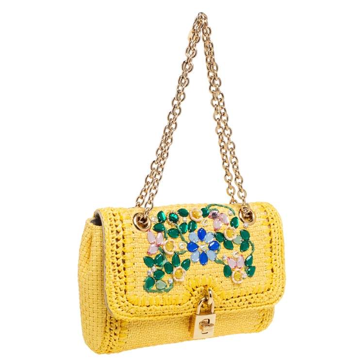 Pre Owned Dolce & Gabbana Yellow Woven Raffia Crystal Embellished Flap Shoulder Bag