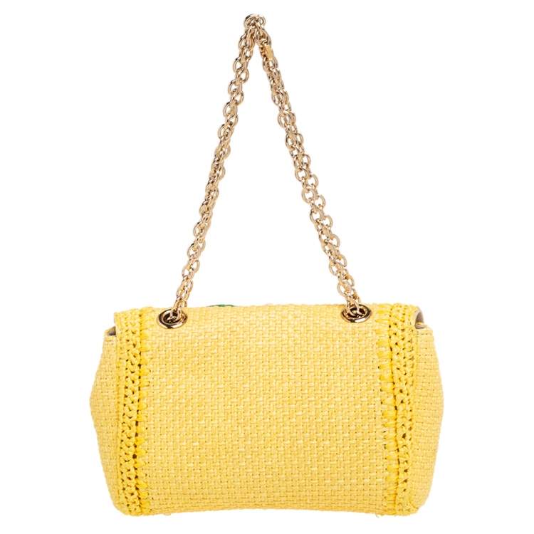 Pre Owned Dolce & Gabbana Yellow Woven Raffia Crystal Embellished Flap Shoulder Bag