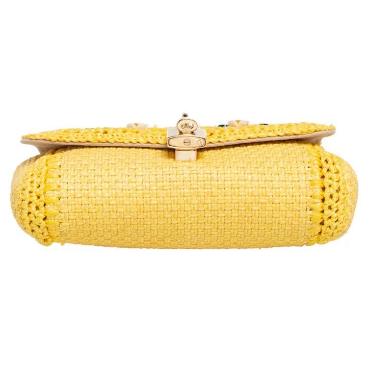 Pre Owned Dolce & Gabbana Yellow Woven Raffia Crystal Embellished Flap Shoulder Bag