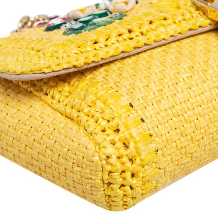 Pre Owned Dolce & Gabbana Yellow Woven Raffia Crystal Embellished Flap Shoulder Bag
