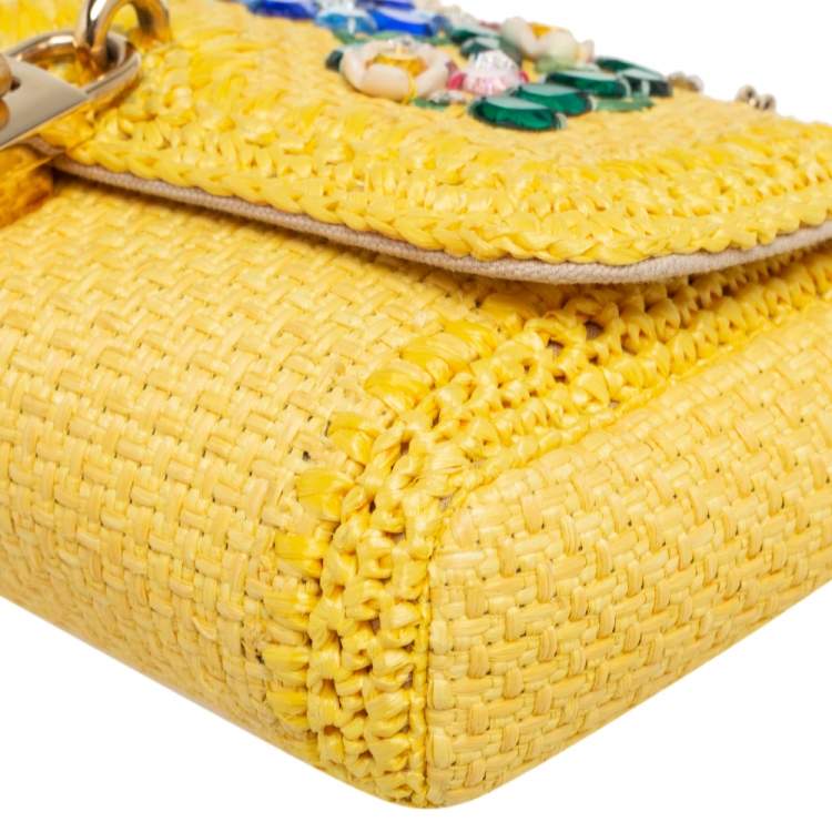 Pre Owned Dolce & Gabbana Yellow Woven Raffia Crystal Embellished Flap Shoulder Bag
