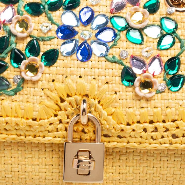 Pre Owned Dolce & Gabbana Yellow Woven Raffia Crystal Embellished Flap Shoulder Bag